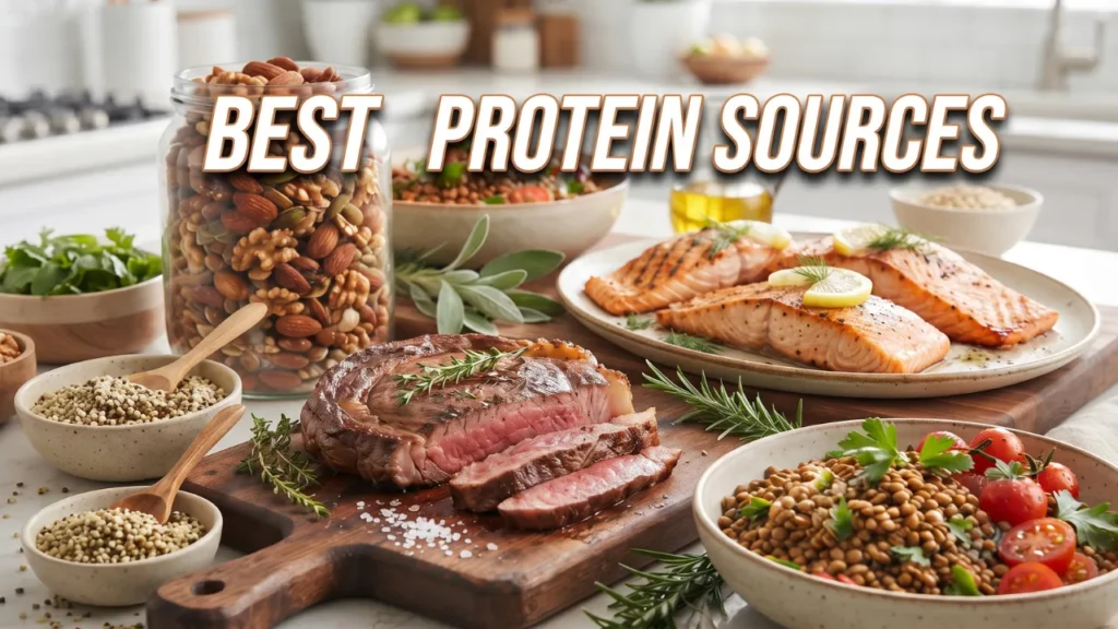 YouTube thumbnail featuring a variety of protein sources including grilled salmon, steak, nuts, and lentils with bold text saying 'Best Protein Sources'.