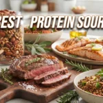 YouTube thumbnail featuring a variety of protein sources including grilled salmon, steak, nuts, and lentils with bold text saying 'Best Protein Sources'.