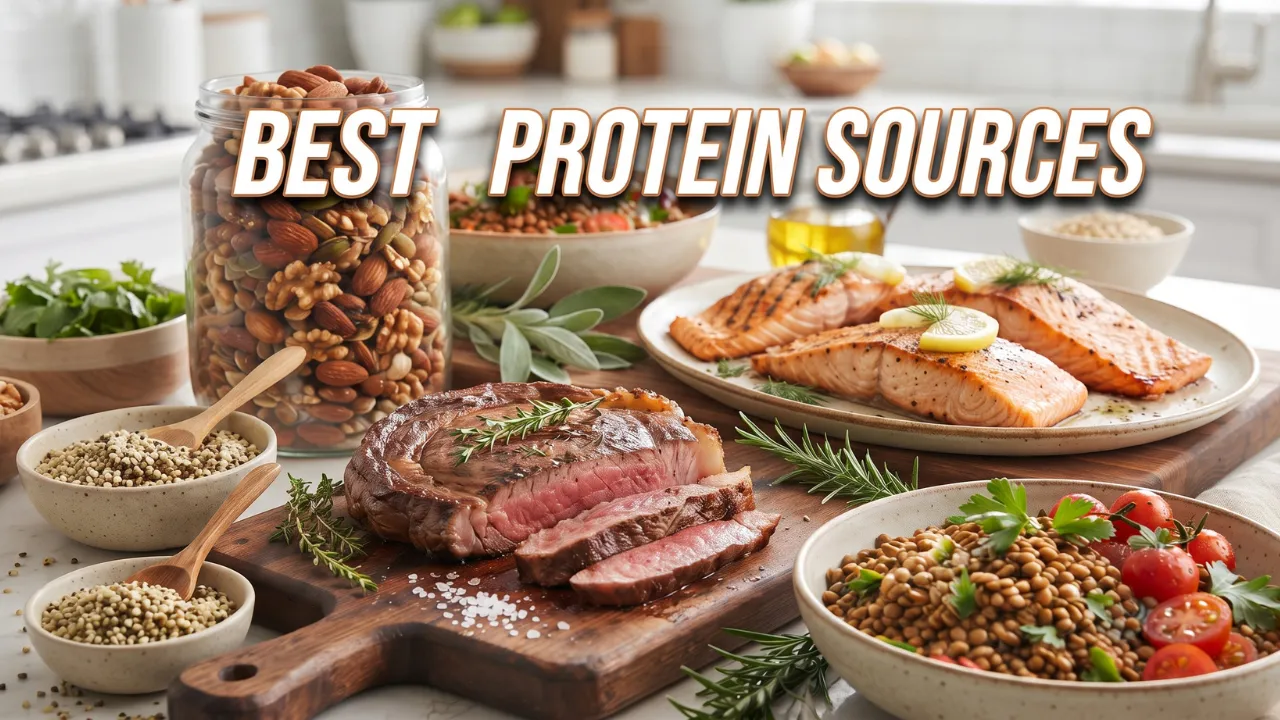 YouTube thumbnail featuring a variety of protein sources including grilled salmon, steak, nuts, and lentils with bold text saying 'Best Protein Sources'.
