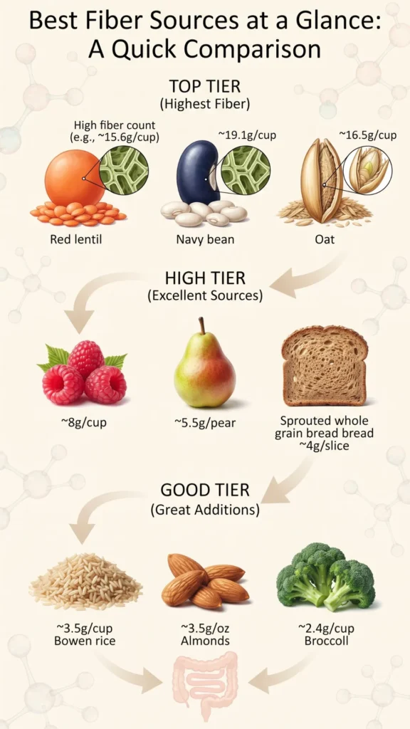 An infographic titled "Best Fiber Sources at a Glance: A Quick Comparison" categorizing foods into Top, High, and Good tiers and providing illustrative fiber content examples.
