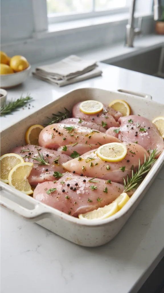 Raw chicken and turkey breasts seasoned with herbs, peppercorns, and lemon slices in a baking dish on a kitchen counter.