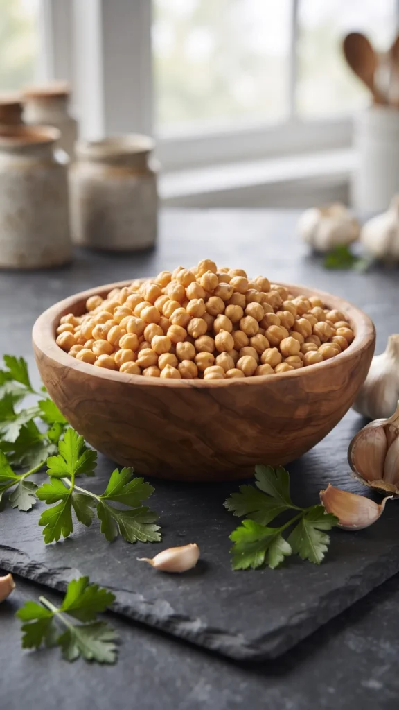 A wooden bowl overflowing with dry golden chickpeas accompanied by fresh parsley and garlic on a dark surface.