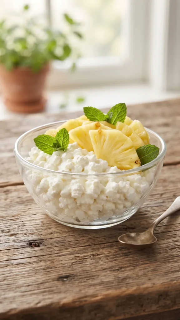 A glass bowl of cottage cheese topped with fresh pineapple slices and mint leaves on a rustic wooden table.