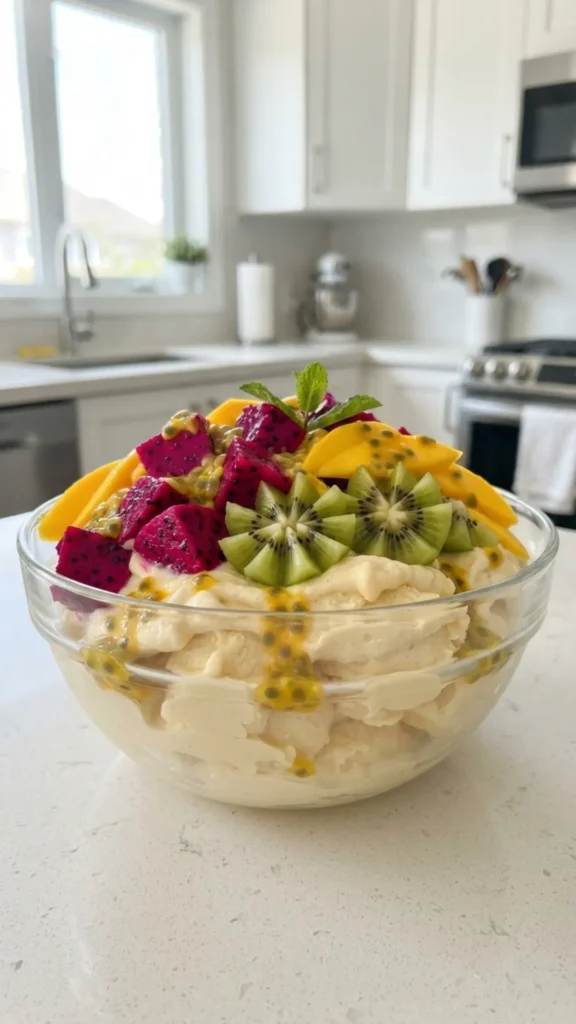 A large glass bowl filled with fruit nice cream, topped with dragon fruit, mango, kiwi, and passion fruit.