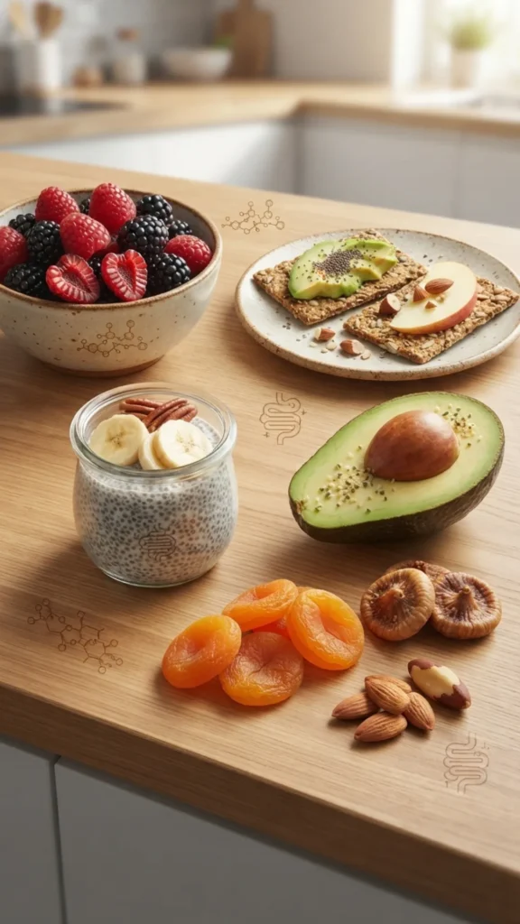 A variety of easy high-fiber snacks including fresh berries, chia pudding, dried fruits, nuts, and avocado toast on a wooden kitchen counter.