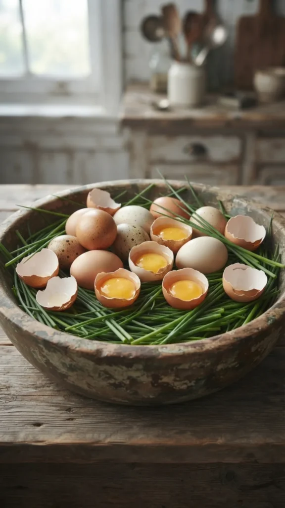 Fresh whole and cracked eggs in a wooden bowl with green chives and eggshells on a table.