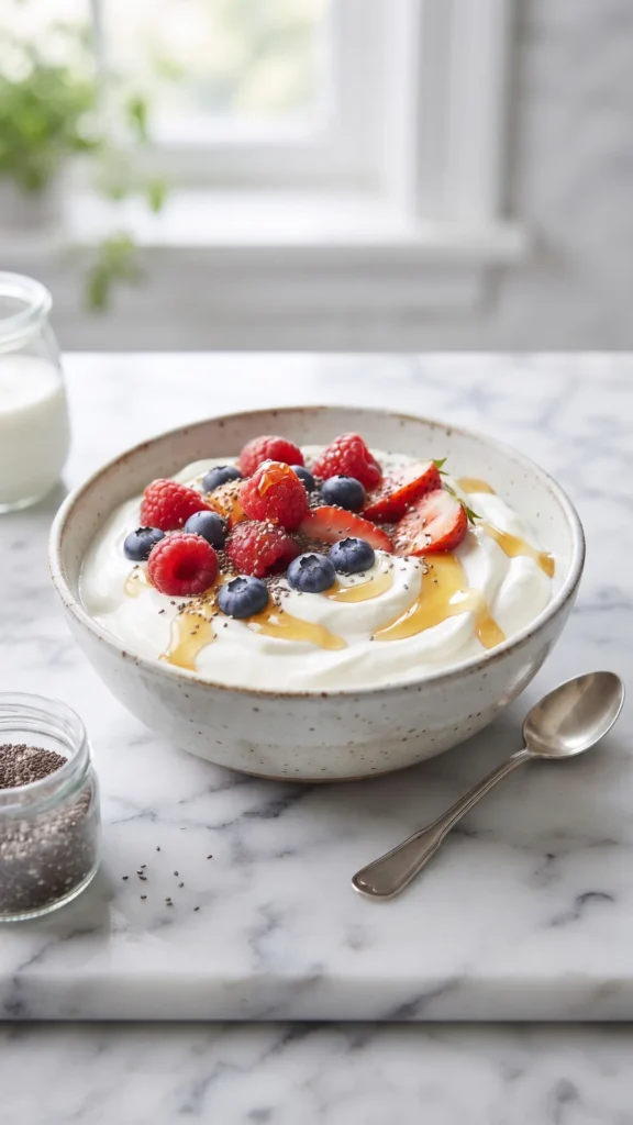 A bowl of thick Greek yogurt topped with fresh berries, chia seeds, and a drizzle of honey on a marble surface.