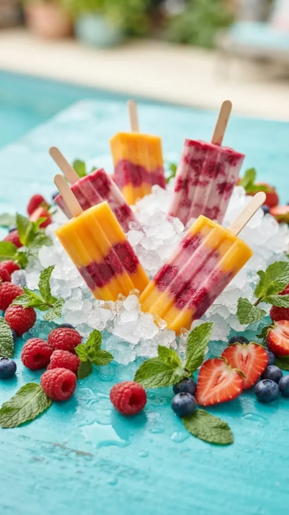 Mango and raspberry smoothie popsicles set in crushed ice with fresh berries and mint leaves on a turquoise surface.