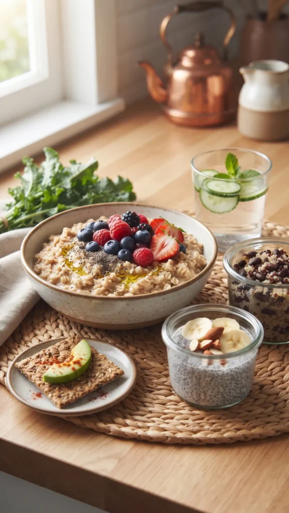 A high-fiber breakfast spread featuring a bowl of oatmeal topped with berries and chia seeds, chia pudding, a glass of cucumber water, and whole-grain toast on a wooden table.