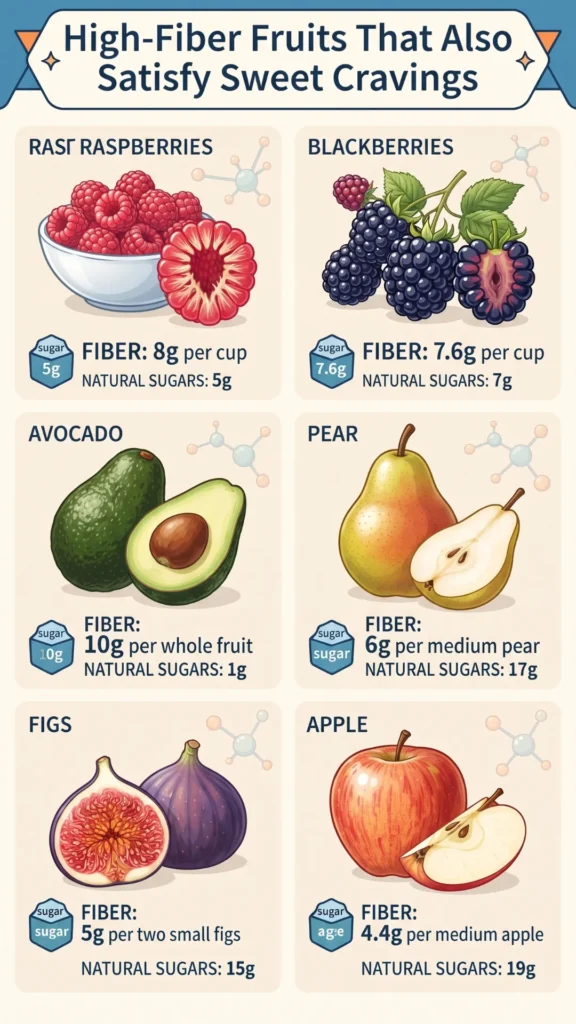 An infographic titled "High-Fiber Fruits That Also Satisfy Sweet Cravings" comparing the fiber and natural sugar content of raspberries, blackberries, avocado, pear, figs, and apple.
