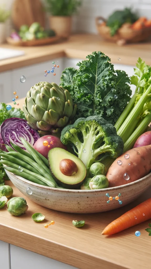 A large ceramic bowl filled with an assortment of fresh high-fiber vegetables including kale, artichoke, broccoli, celery, and avocado on a wooden kitchen counter.