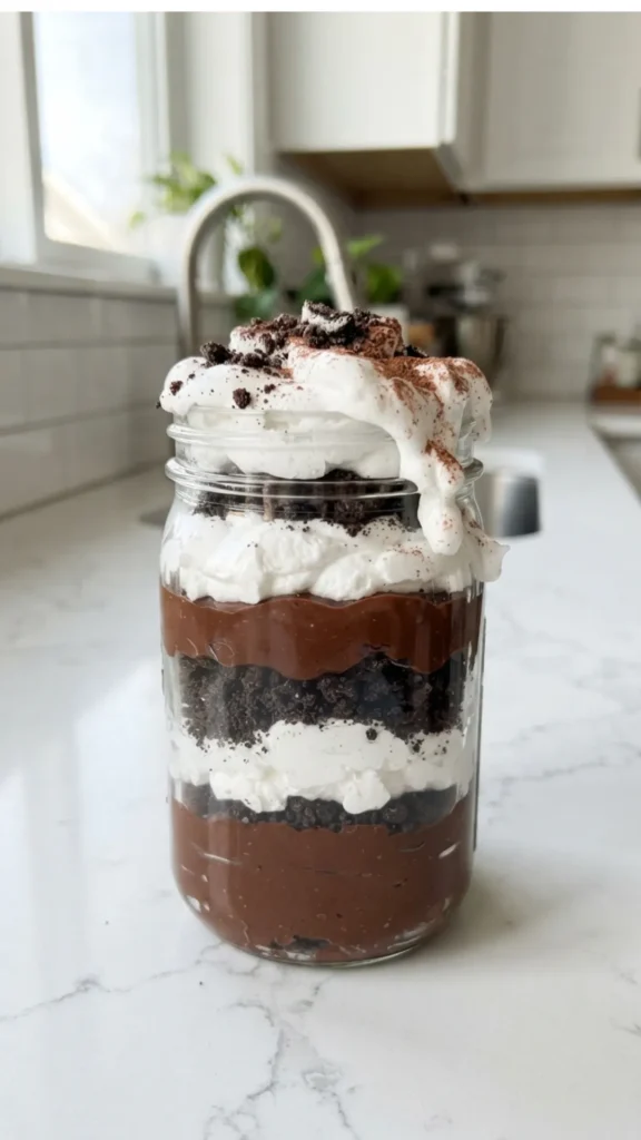 A tall jar filled with layers of high-protein chocolate pudding, crumbled cookies, and white protein fluff on a kitchen counter.