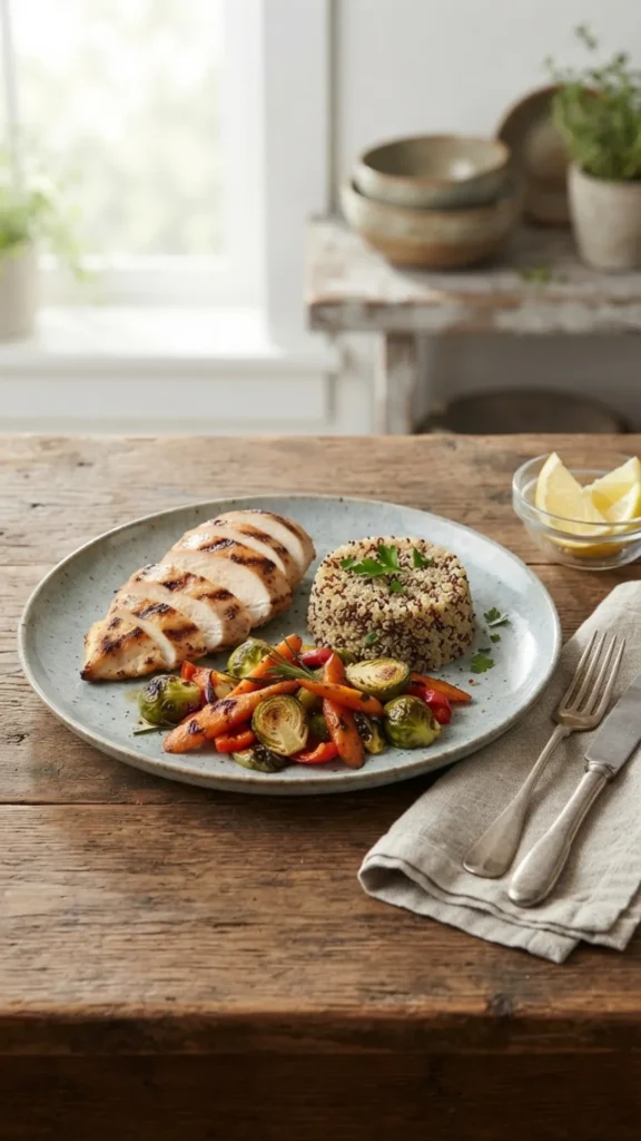 A balanced high-protein meal on a plate with grilled chicken breast, quinoa, and roasted vegetables on a wooden table