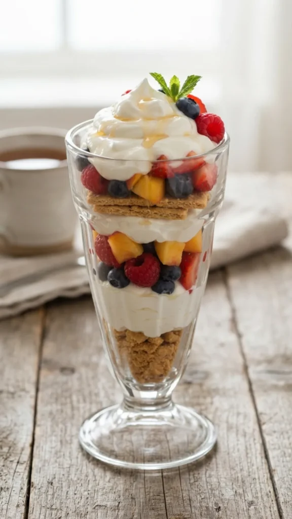 A towering sundae glass layered with whipped yogurt, crumbled crackers, and fresh fruit on a rustic table.