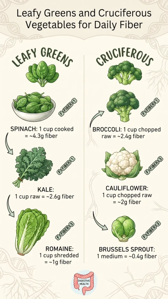 An infographic titled "Leafy Greens and Cruciferous Vegetables for Daily Fiber" comparing the fiber content of various leafy greens and cruciferous vegetables.