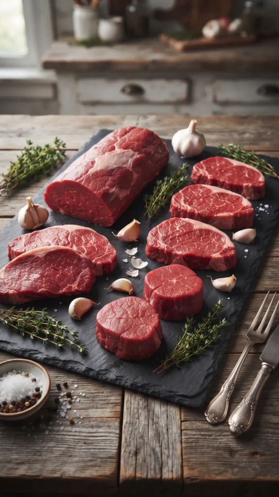 Fresh raw cuts of lean beef steaks and tenderloin arranged on a dark slate board with garlic cloves and thyme.