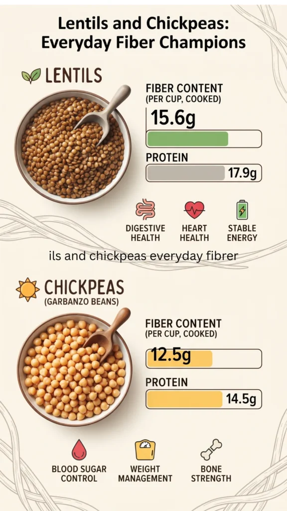 An infographic comparing the fiber and protein content per cooked cup of lentils and chickpeas, listing their respective health benefits.