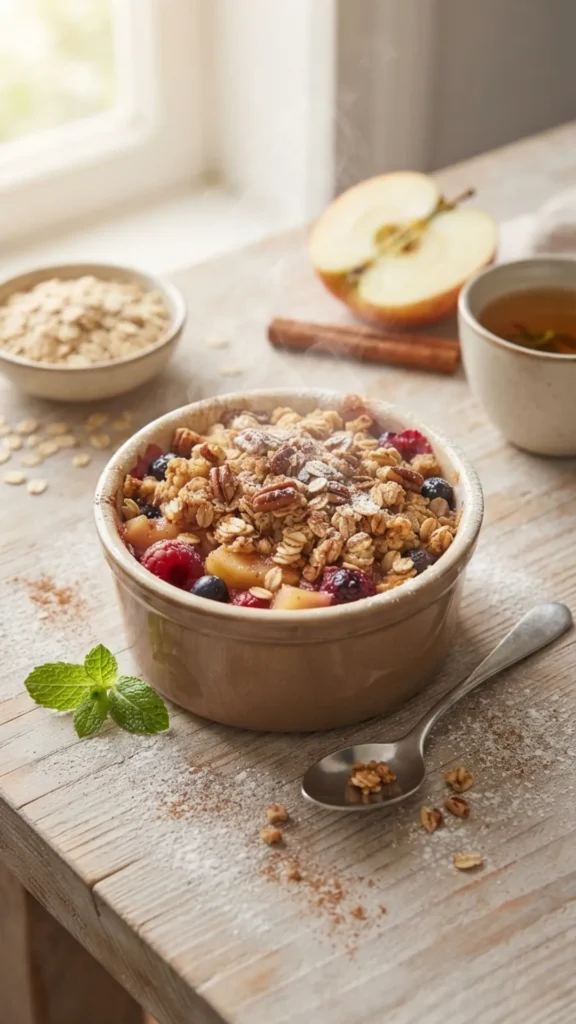 A rustic ceramic bowl of low-calorie fruit crisp with a golden oat crumble topping, berries, and a spoon on a wooden table.