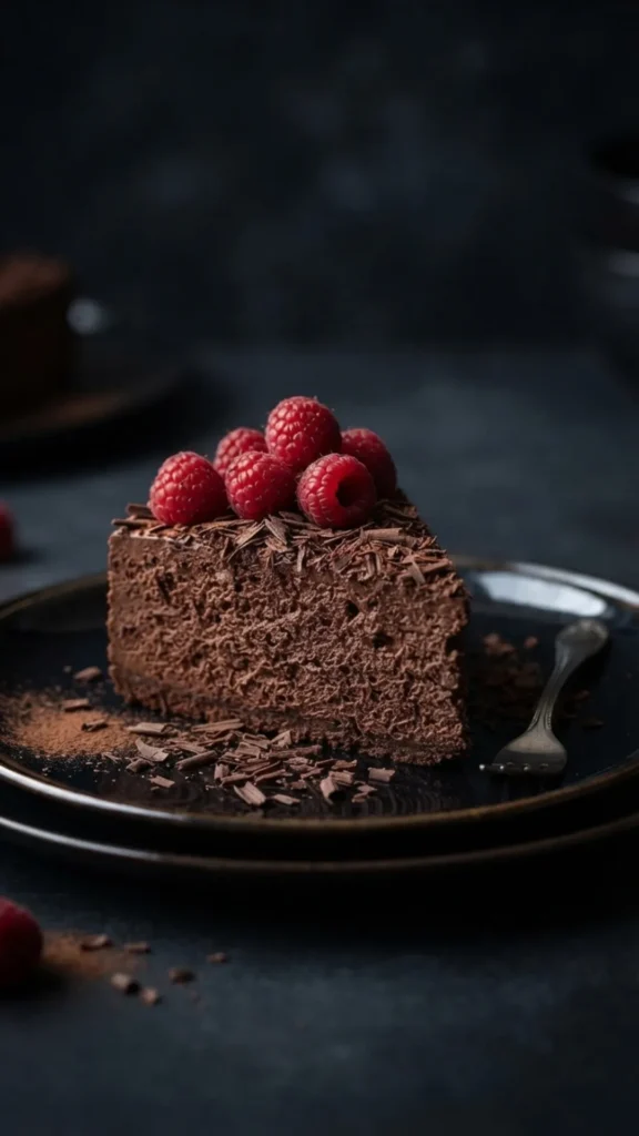 A slice of chocolate mousse cake topped with fresh raspberries and dark chocolate shavings on a dark plate.