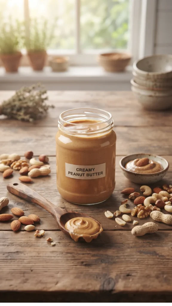 A jar of creamy peanut butter with a wooden spoon and a scattering of assorted nuts on a rustic wooden table.