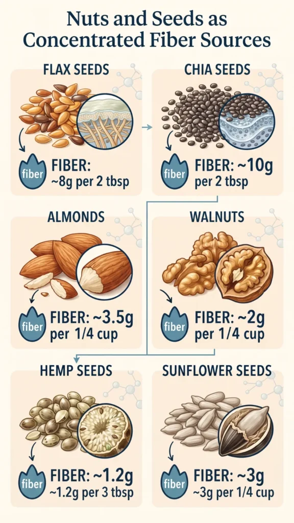 An infographic titled "Nuts and Seeds as Concentrated Fiber Sources" comparing the fiber content per serving of flax, chia, hemp, and sunflower seeds, as well as almonds and walnuts.