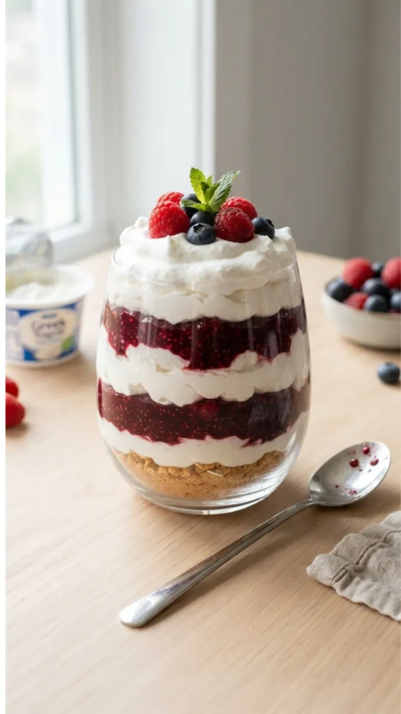 A layered no-bake dessert in a glass with yogurt, berry jam, and fresh berries on top, served on a wooden table.