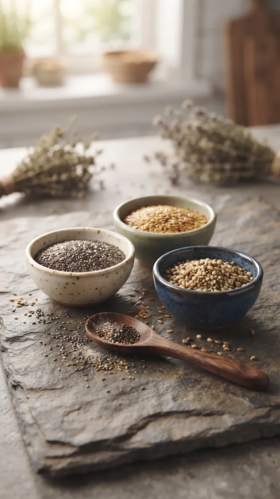 Small bowls of chia, flax, and hemp seeds with a wooden spoon on a textured surface.