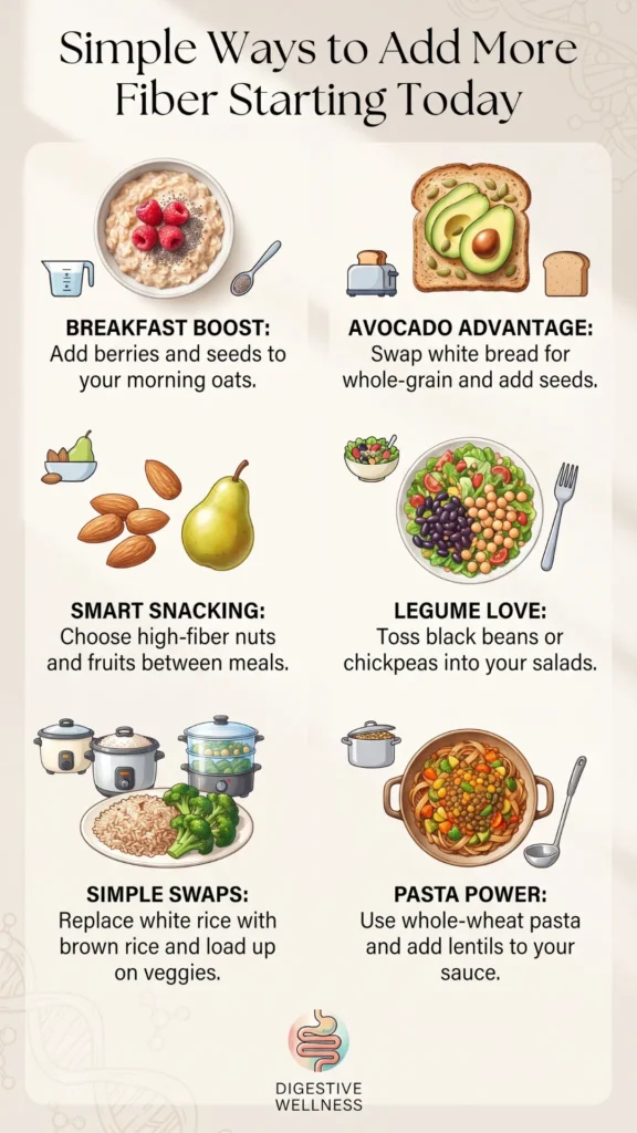 An infographic titled "Simple Ways to Add More Fiber Starting Today" providing illustrative tips for incorporating high-fiber foods like berries, oats, avocado, and whole grains into meals.