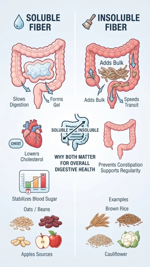 An infographic comparing the digestive health benefits, functions, and food sources of soluble and insoluble fiber.