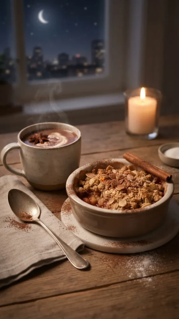 A cozy nighttime setting with a bowl of baked dessert, a warm mug, a lit candle, and a window showing a city skyline under the moon.