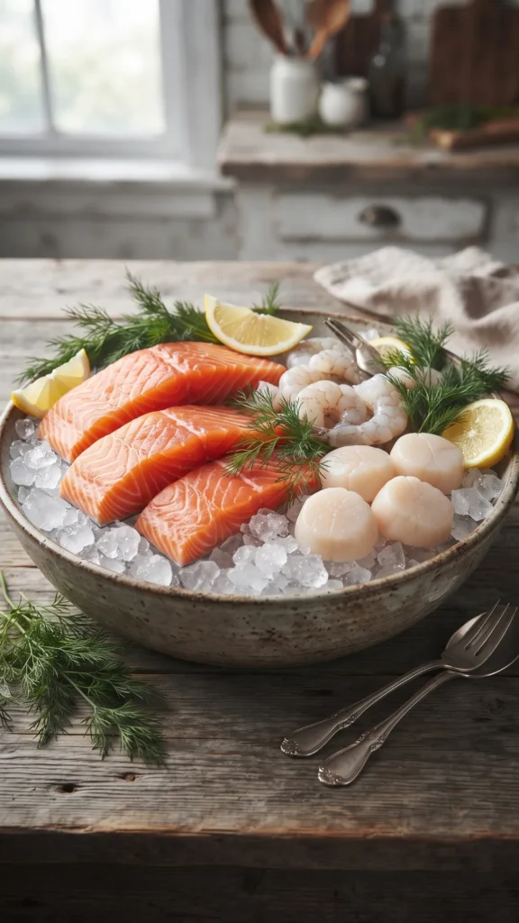 Fresh salmon fillets, shrimp, and scallops arranged on crushed ice with lemon slices and dill in a bowl on a wooden table.