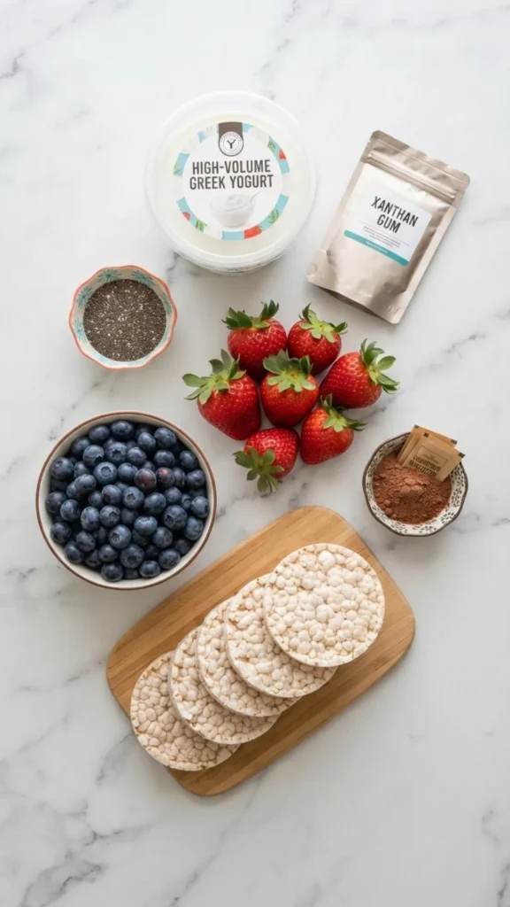 A flat lay of ingredients for high-volume low-calorie desserts, including yogurt, strawberries, blueberries, and rice cakes on a marble surface.