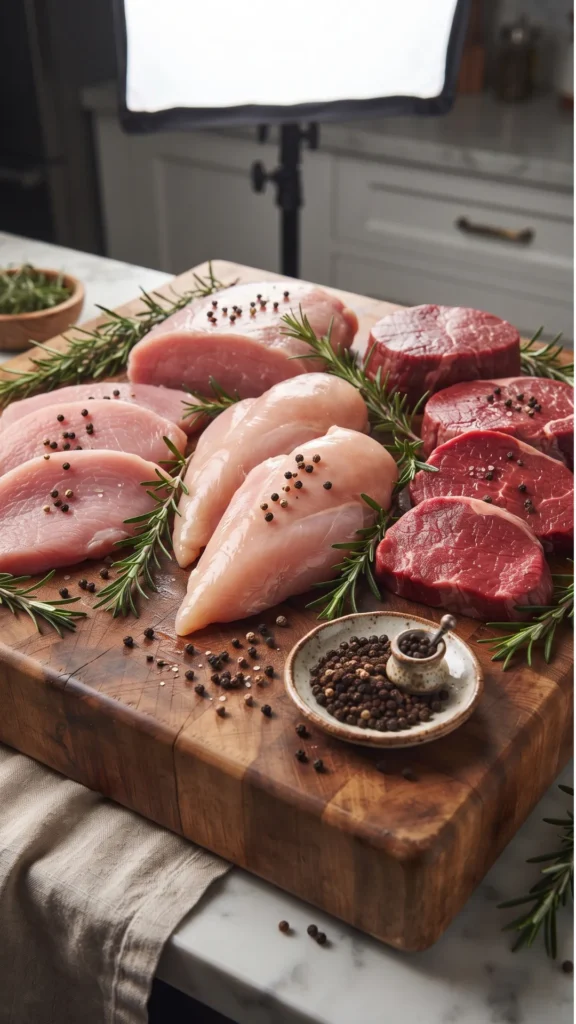 Fresh raw lean meats including chicken breasts, turkey cutlets, and beef steaks arranged on a wooden butcher block with rosemary and peppercorns.