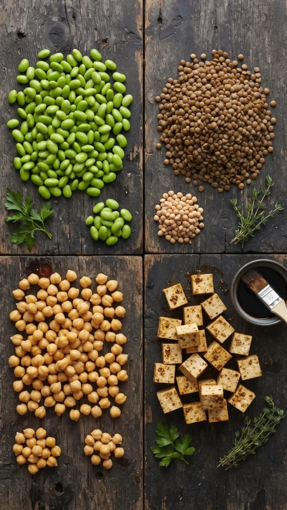 Flat lay overhead view of various plant-based protein sources including edamame, lentils, chickpeas, and seasoned tofu cubes on a dark wooden surface.