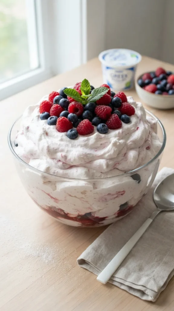 A large glass bowl filled with a low-calorie volume-eating dessert, topped with whipped cream, fresh raspberries, blueberries, and mint leaves.