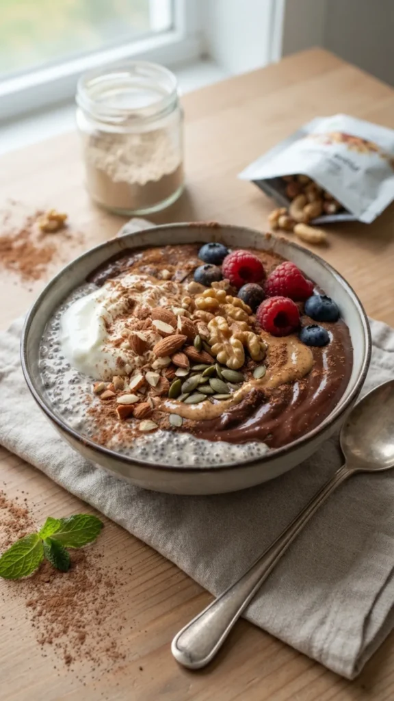 A hearty dessert bowl filled with chia pudding, chocolate mousse, yogurt, nuts, seeds, and fresh berries on a wooden table.