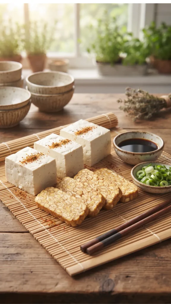 Fresh blocks of white tofu and tempeh slices arranged on a bamboo mat with soy sauce, green onions, and chopsticks.