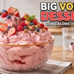 YouTube thumbnail for volume eating dessert recipes featuring a giant bowl of low-calorie strawberry protein dessert topped with fresh berries.