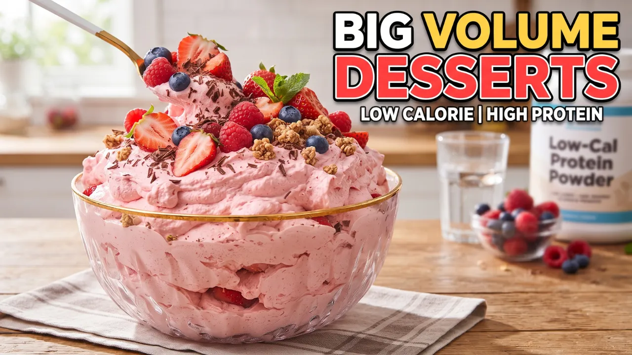 YouTube thumbnail for volume eating dessert recipes featuring a giant bowl of low-calorie strawberry protein dessert topped with fresh berries.