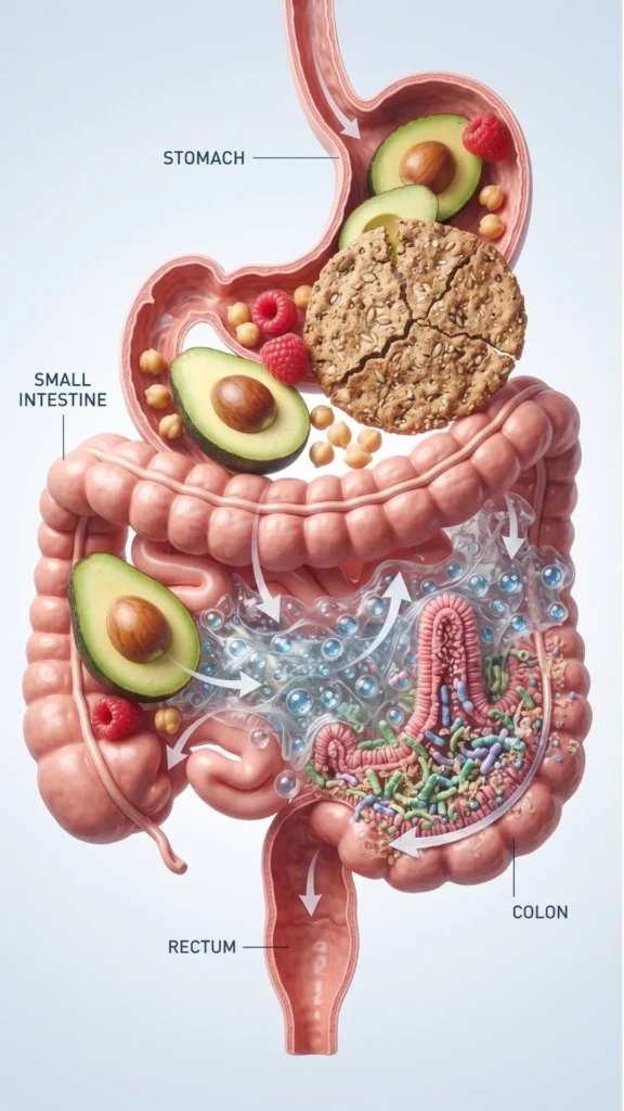 Diagram illustrating the human digestive system showing how dietary fiber travels through the stomach, small intestine, and colon.