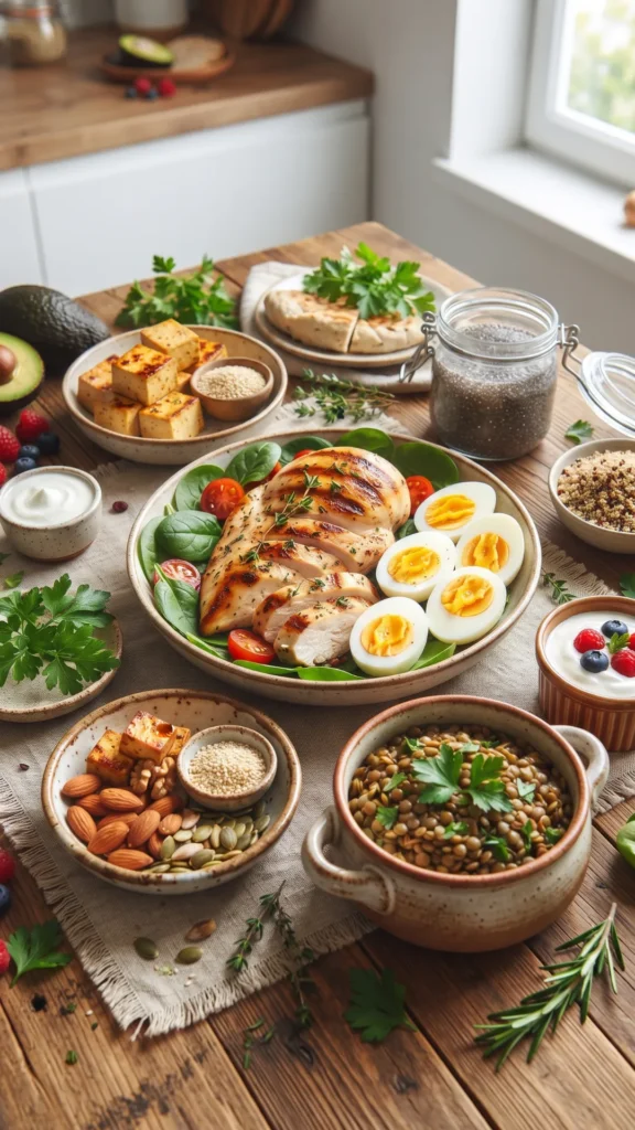 A variety of protein-rich foods including grilled chicken, boiled eggs, tofu, lentils, nuts, and seeds arranged on a wooden table.