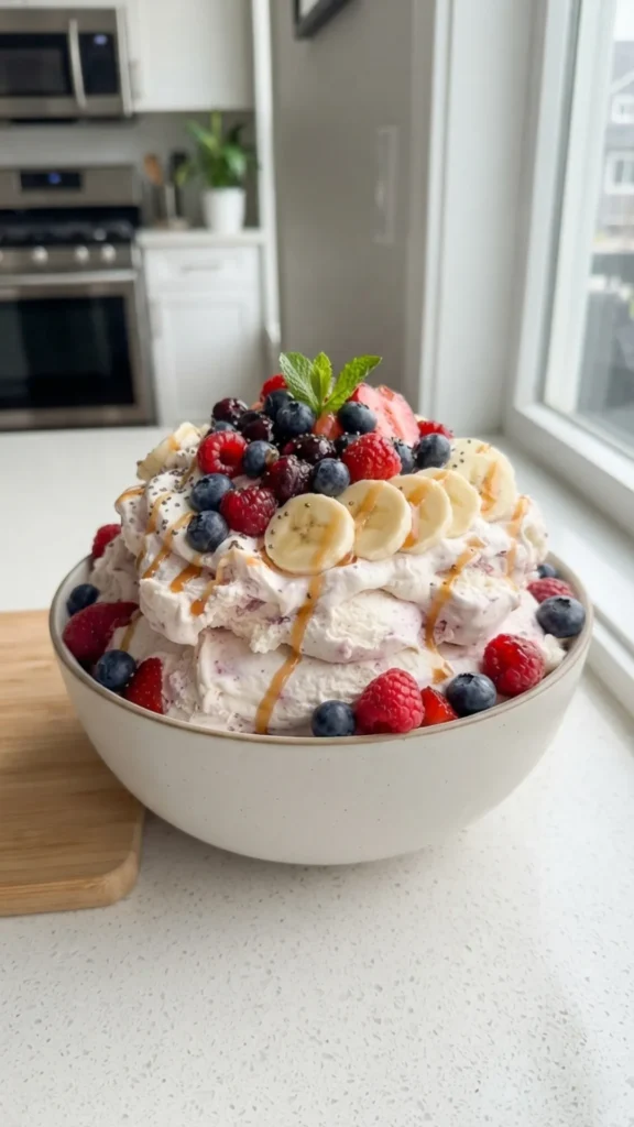 A large bowl of low-calorie volume eating dessert topped with fresh berries, sliced bananas, and a syrup drizzle.