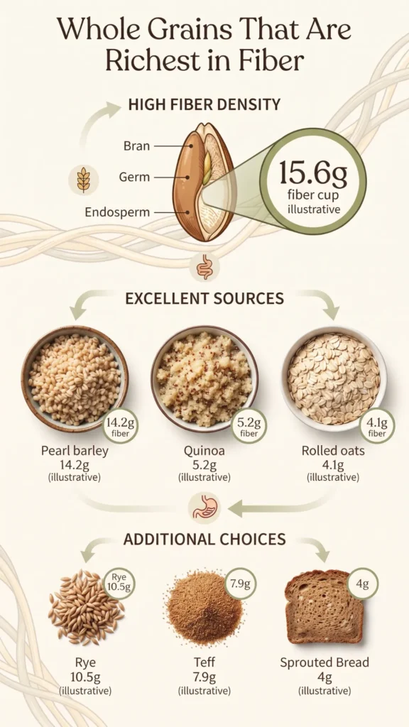 An infographic titled "Whole Grains That Are Richest in Fiber" comparing the fiber content of various grains including barley, quinoa, oats, and rye.