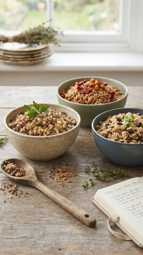 Bowls of cooked whole grains like quinoa, farro, and brown rice with a wooden spoon and a recipe book on a wooden table.