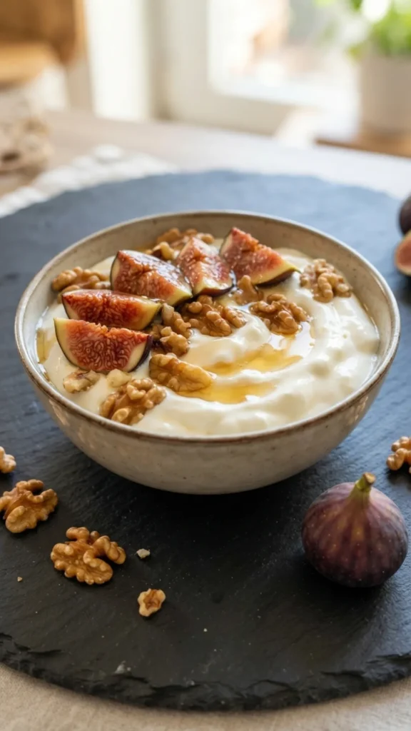 A bowl of Greek yogurt topped with honey, toasted walnuts, and fresh fig slices on a dark slate board.