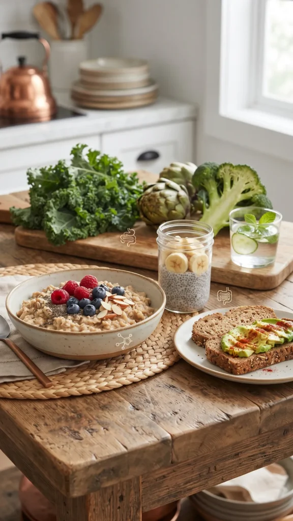 A hearty, high-fiber breakfast spread featuring a bowl of oatmeal with berries and almonds, chia pudding, and avocado toast on a wooden table.