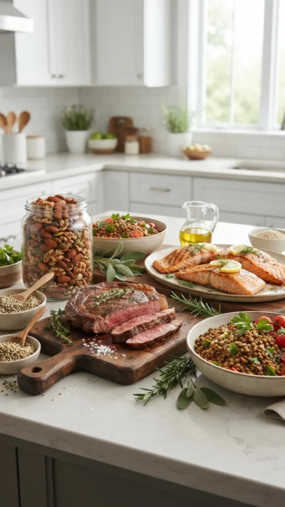 An assortment of diverse high-protein food choices including fish, steak, lentils, and nuts displayed on a modern kitchen island.